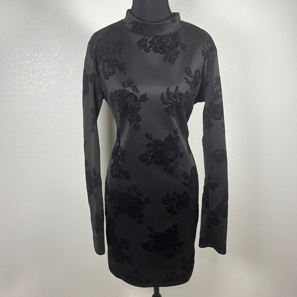 See You Monday Black Floral Jacquard Mock Neck Backless Whimsigoth Mini Dress XL